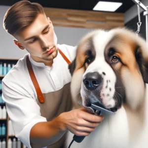 ספר מקצועי מטפח כלב בגודל גדול במרכז טיפוח, עם דגש על טיפול בפנים ובאוזניים